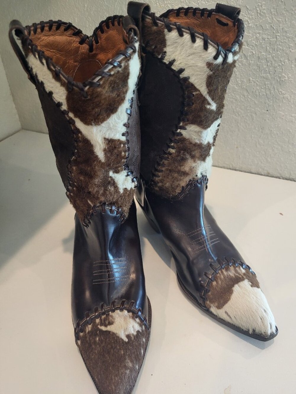 VINTAGE Donald J Pliner Western Couture Cowhide Whipstitch Boots Size 7 Italy